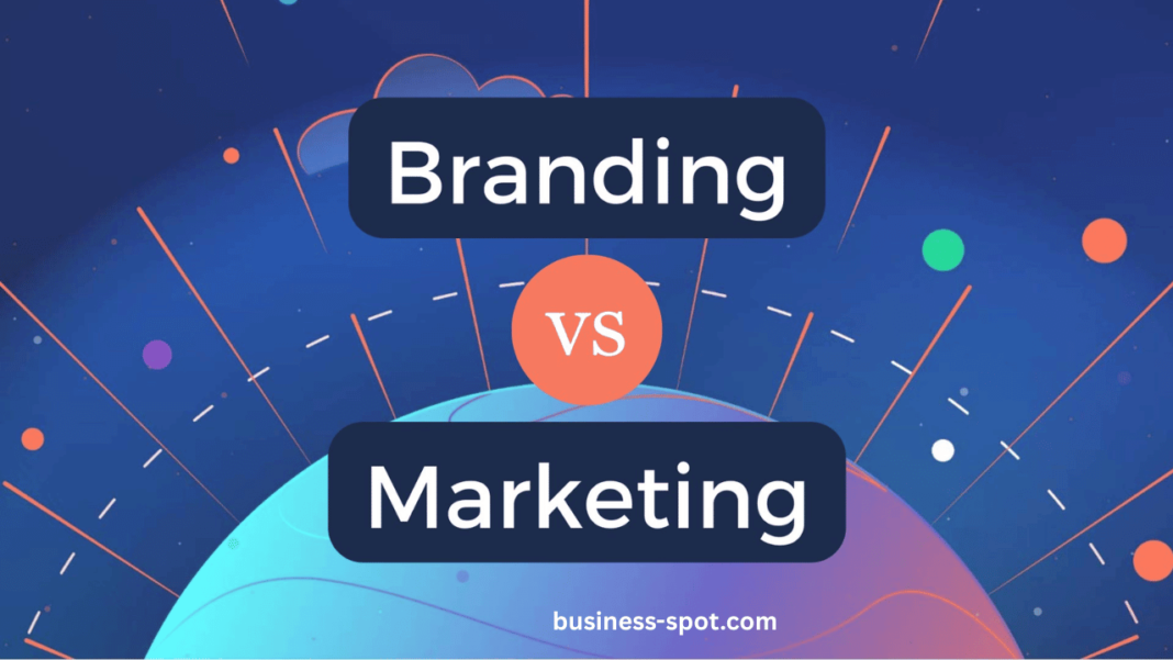 Illustration of branding vs. marketing strategy showing a balance between brand identity and promotional efforts