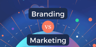 Illustration of branding vs. marketing strategy showing a balance between brand identity and promotional efforts